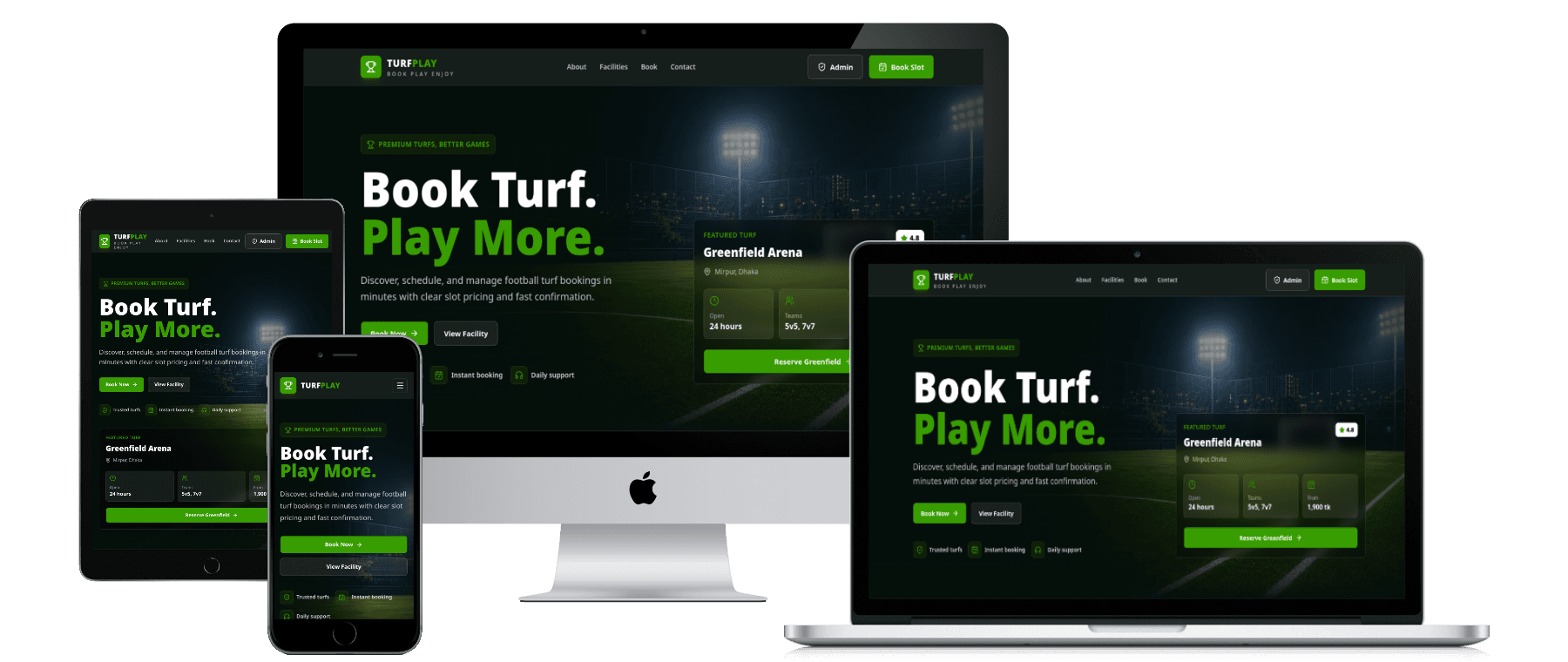 Turf Play football booking website shown across desktop, laptop, tablet and mobile devices